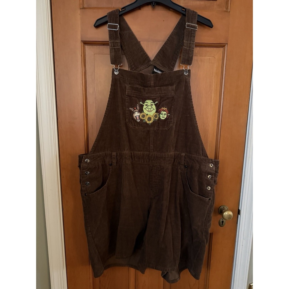 Women's Hot Topic Sherk Embroidered Corduroy Brown Shortalls Plus Size 3 Cotton